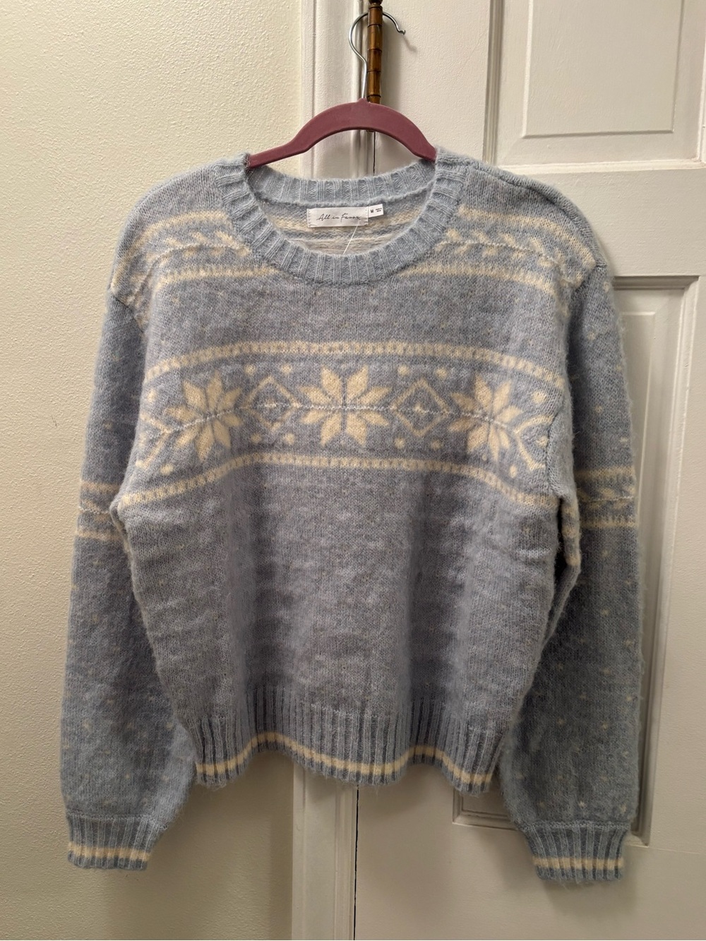 All in Favor Light Blue and Ivory Nordic Crewneck Sweater
Size M